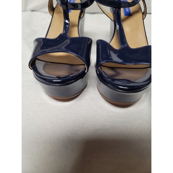 Dee Keller Blue Patent Leather Wedge Platform Ankle Strap Sandals Size 37.5 - Picture 2 of 9